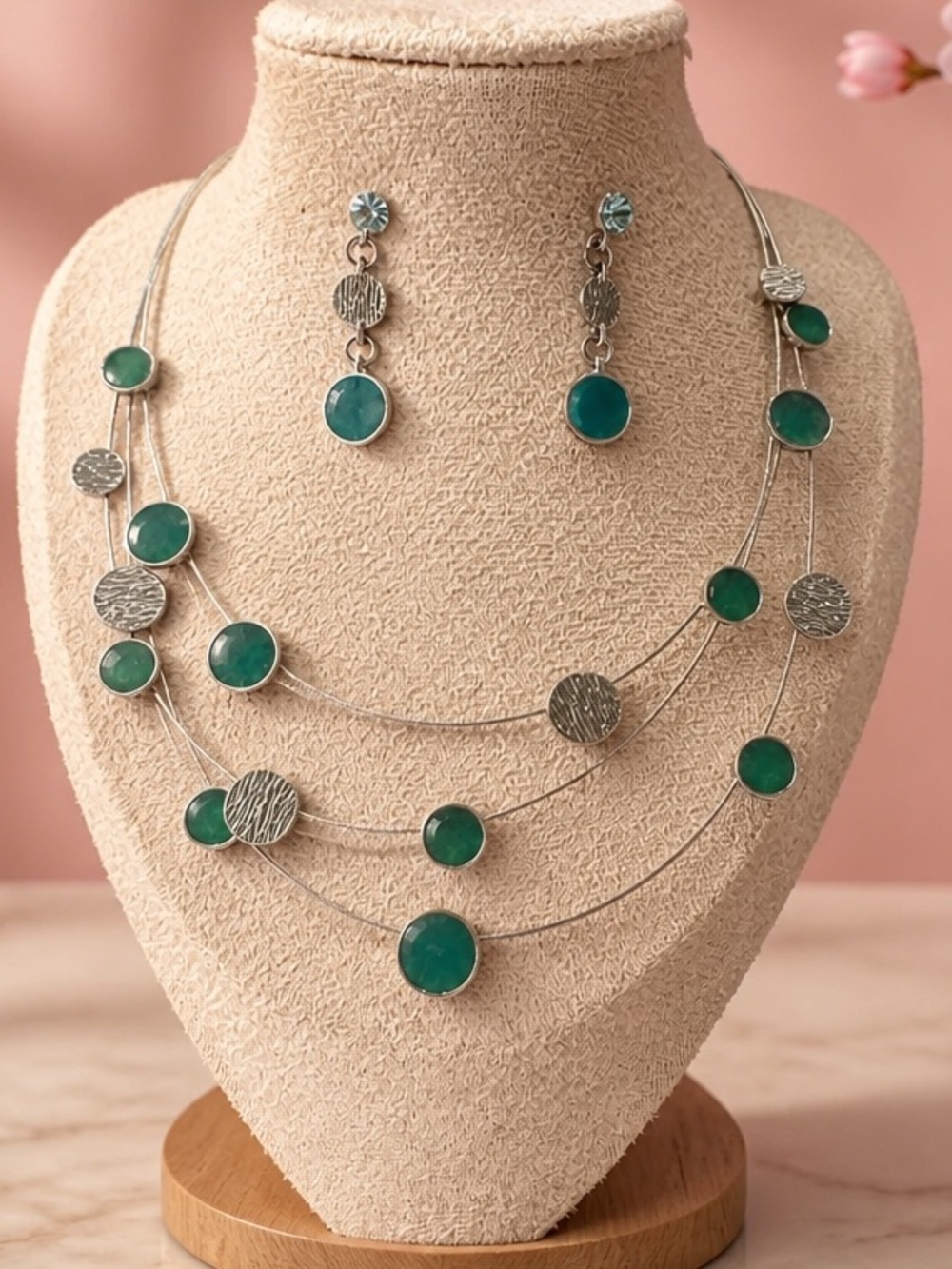 Silver Multi-Strand Necklace and Earrings Set with Green Gem Accents